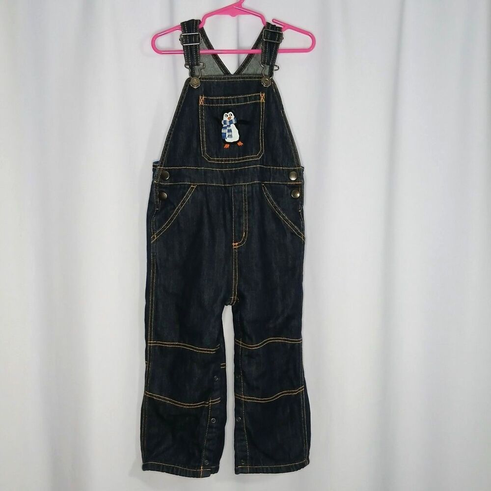 Vtg Gymboree Fleece Lined Penguin Bibs Overalls Denim Jeans Adjstble Toddler 3T